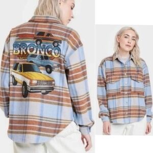 Ford Bronco Graphic Plaid Flannel Shirt Blue Orange Brown Women's Size Large EUC